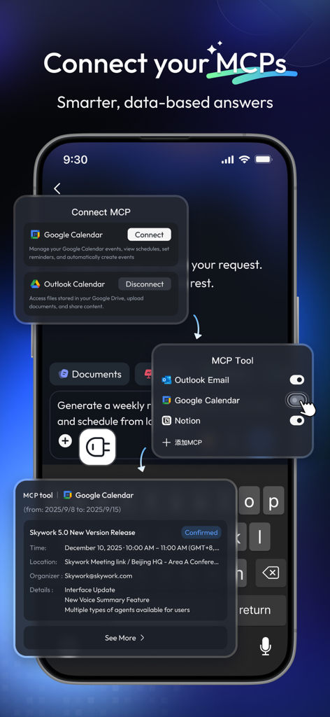 Interface of Skywork app showing the connection of MCP tools including Google Calendar, Outlook, and Notion for data-based answers.