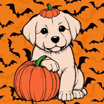 a realistic puppywith a pumpkin on his head