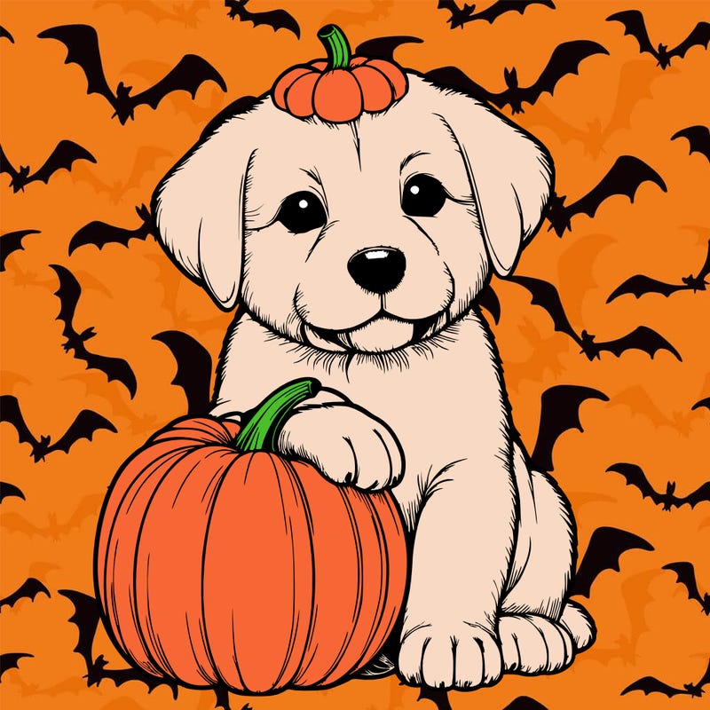 a realistic puppywith a pumpkin on his head