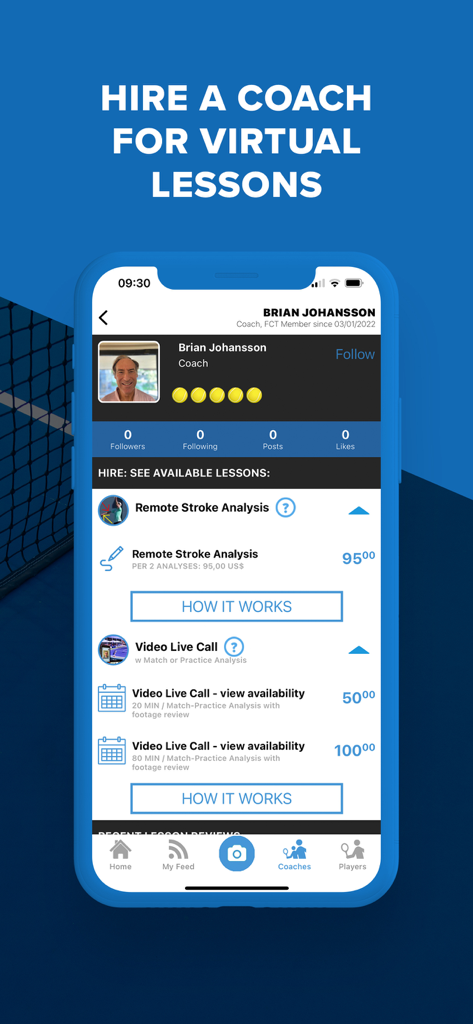Full Court Tennis - A mobile app interface for hiring professional tennis coaches for virtual lessons and stroke analysis
