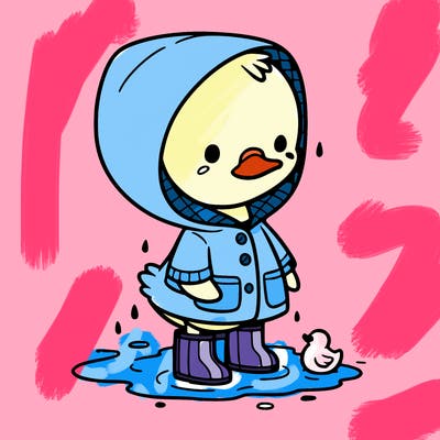 baby duck in a rain coat and boots, in a puddle while it’s raining