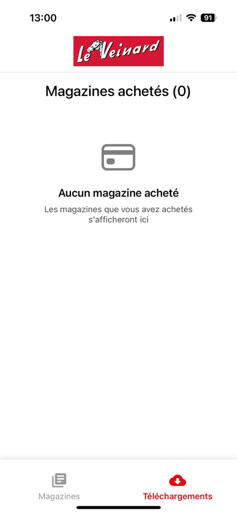 Section vide des magazines achetés dans l'application Le Veinard
