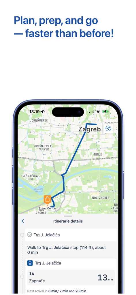ZET info App-Oberfläche mit einer Route für den öffentlichen Nahverkehr und Details zum Reiseplan in Zagreb