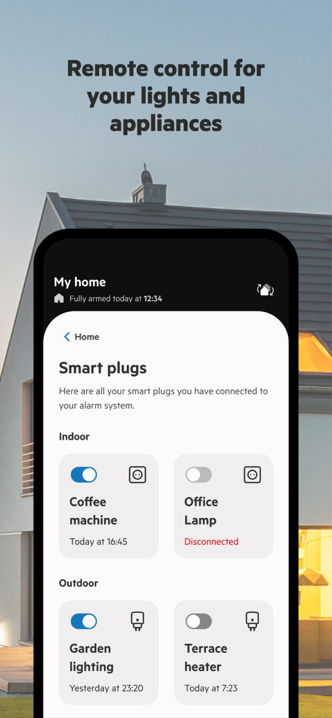 Sector Alarm app interface showing remote control for smart plugs and home appliances