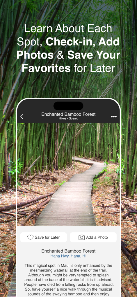 마우이 오프라인 섬 가이드 앱 화면에 황홀한 대나무 숲(Enchanted Bamboo Forest)의 세부 정보 및 저장 옵션이 표시됩니다.