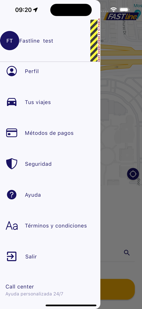 FASTLINE TAXI - Menu de navigation latéral de l'application FASTLINE TAXI montrant le profil, les trajets et les paramètres de paiement.