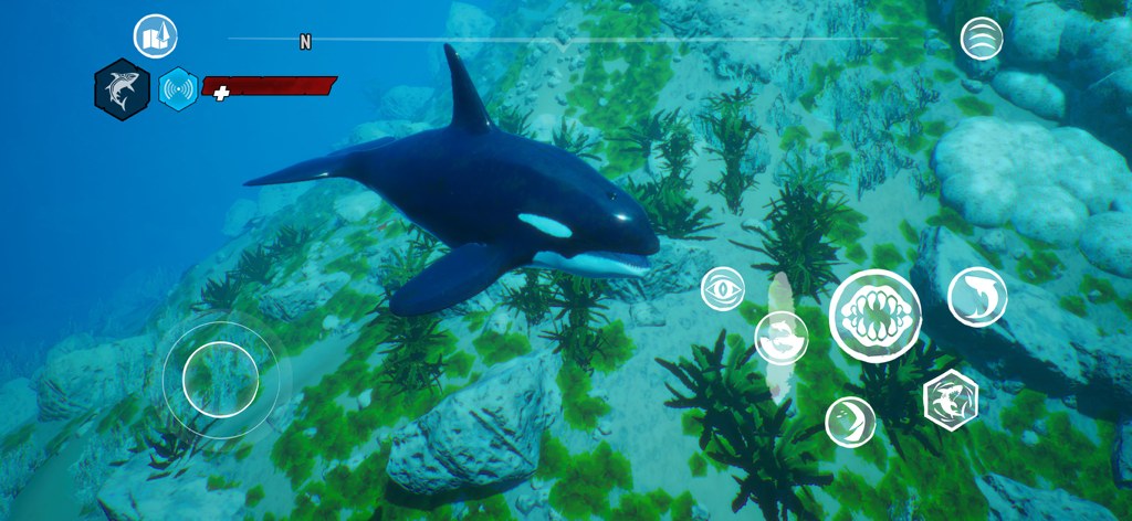 An orca swimming underwater in the Maneater mobile game with on-screen controls