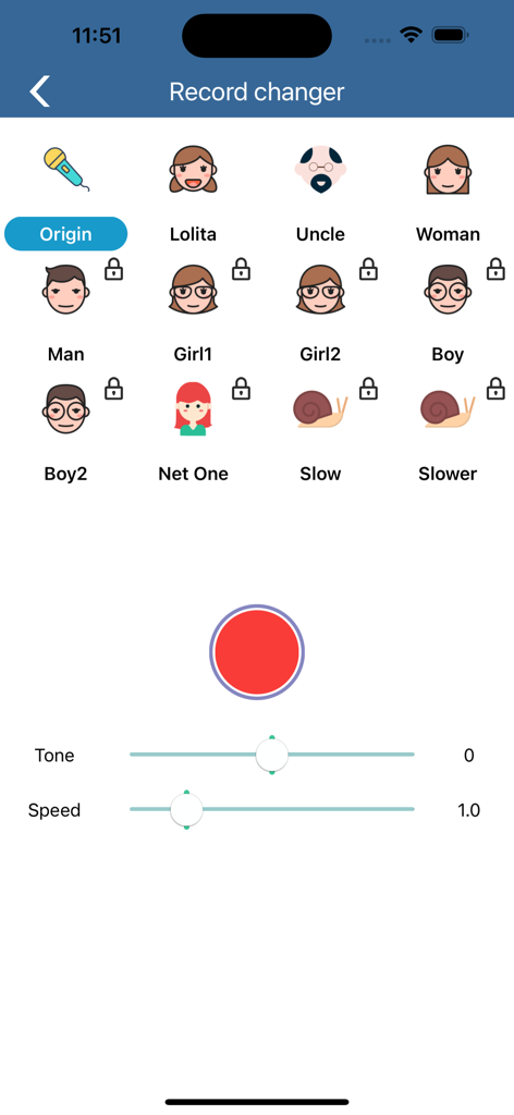 LinsVoice-Funny Voice Changer - Interface of the LinsVoice app showing voice recording options with various character effects and pitch controls