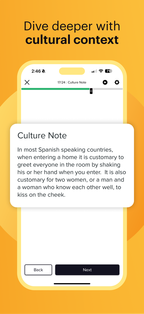 Mango Languages app screen showing a culture note about Spanish greeting customs