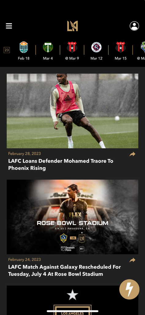Home screen of the LAFC mobile app featuring latest club news articles and an upcoming match schedule.