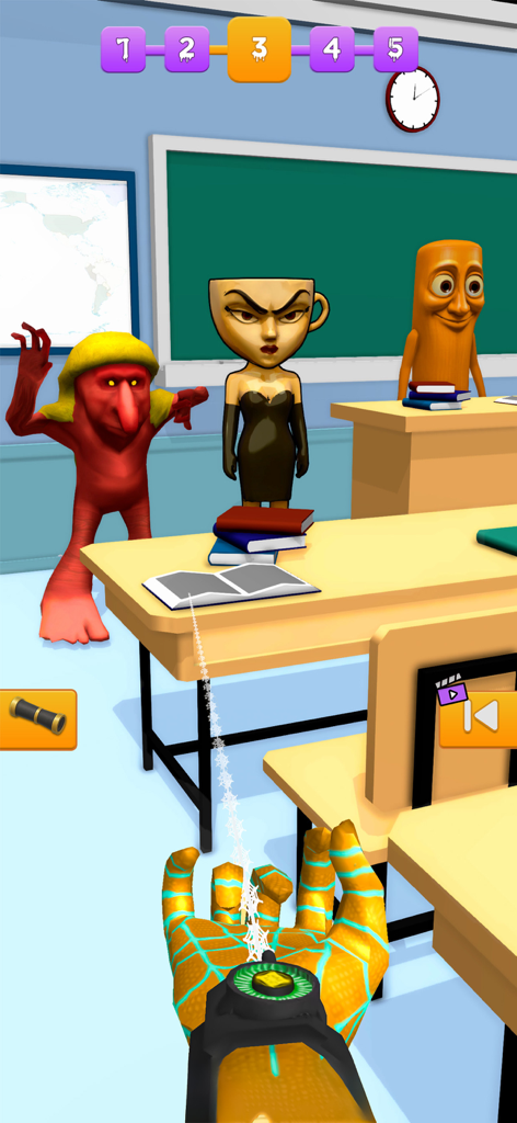 Rapid Punch Hero! - Vue à la première personne d'une main tirant une toile dans une salle de classe avec des ennemis de dessin animé loufoques